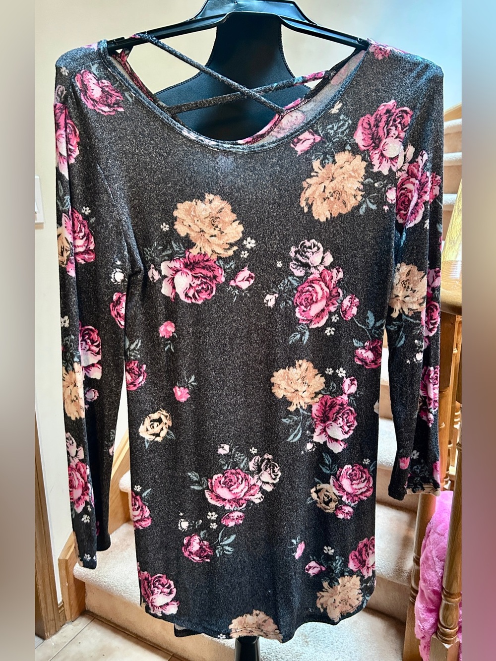 No Boundaries Black Long Sleeve Top with Pink & Cream Floral